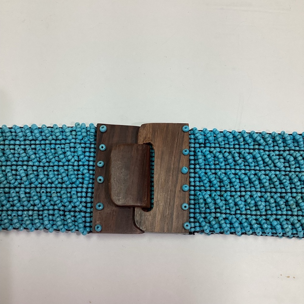 Vtg Turquoise Seed beads Wide Belt wooden Buckle